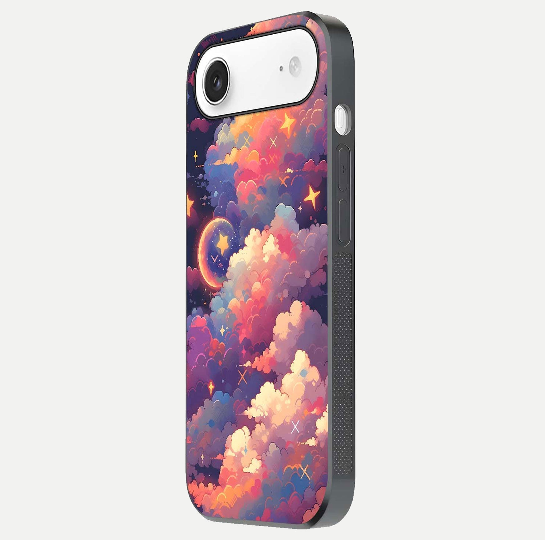 Starlit Dream Clouds Glass Case for iPhone Air  side-angle image showing shine, reflection, and dreamy tones