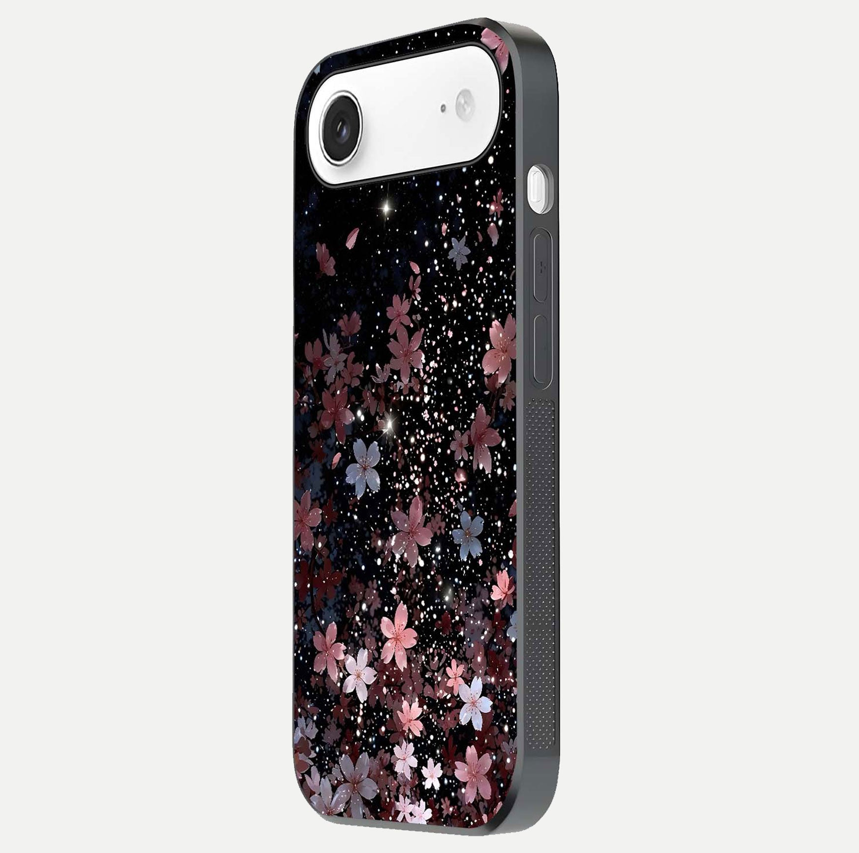 Starlit Flower Dreams Glass Case for iPhone Air  side-angle image showing shine, edge detail, and floral contrast