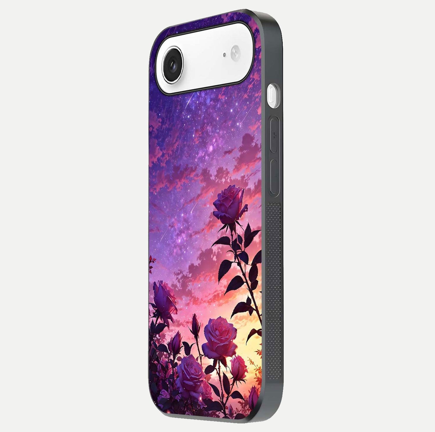 Starlit Rose Twilight Glass Case for iPhone Air  side-angle image showing reflection and petal contrast