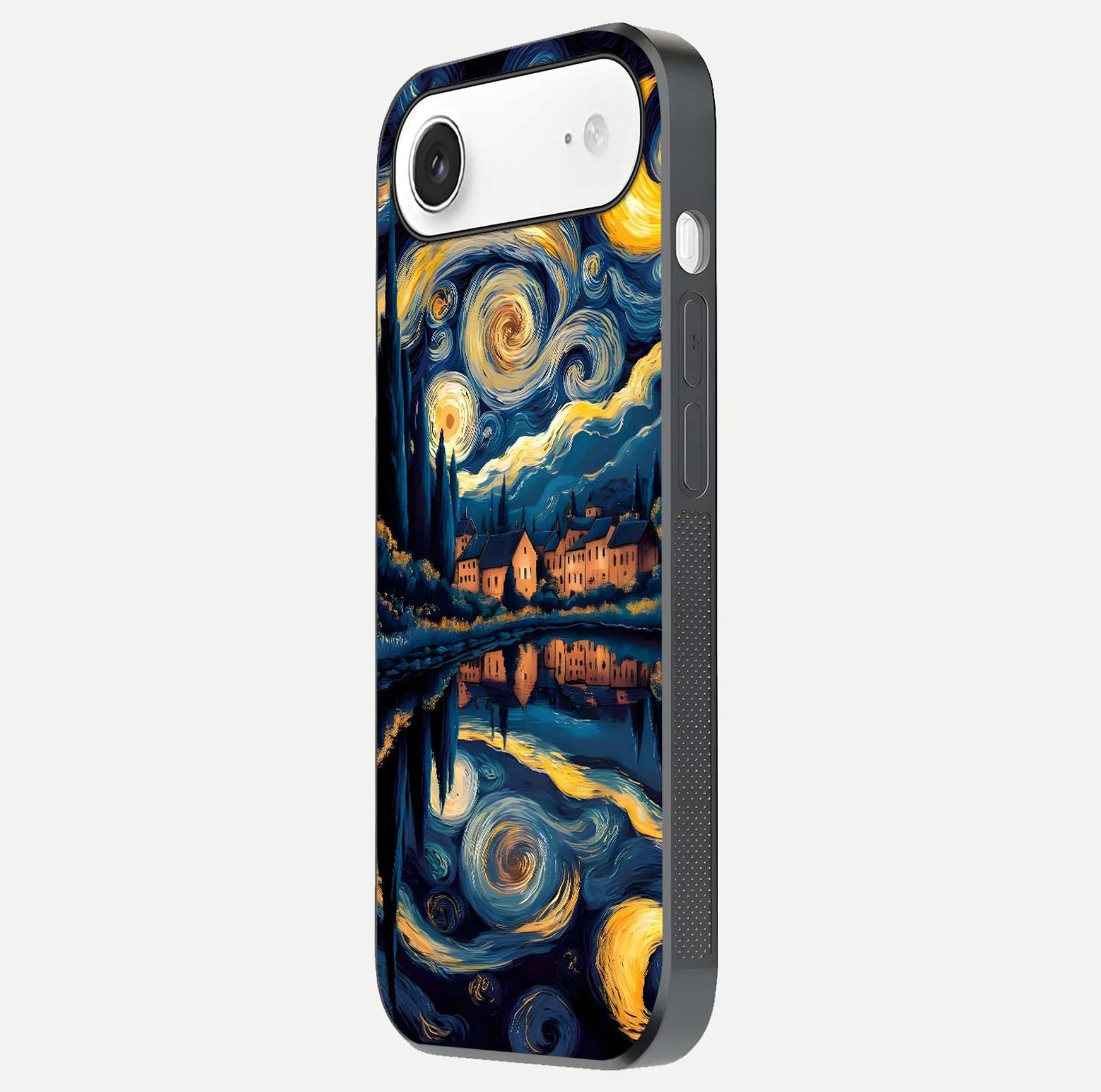 Starry Sky Serenity Glass Case for iPhone Air  side-angle image showing reflection and night-sky detail