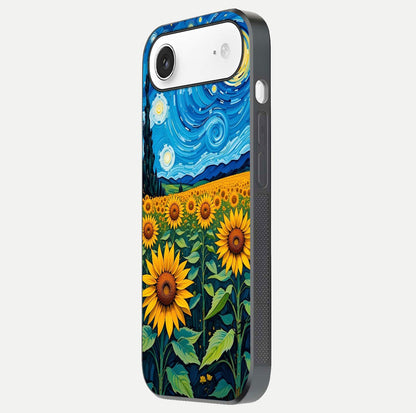 Starry Sunflower Dreams Glass Case for iPhone Air  side-angle image showing reflection, stars, and yellow tone