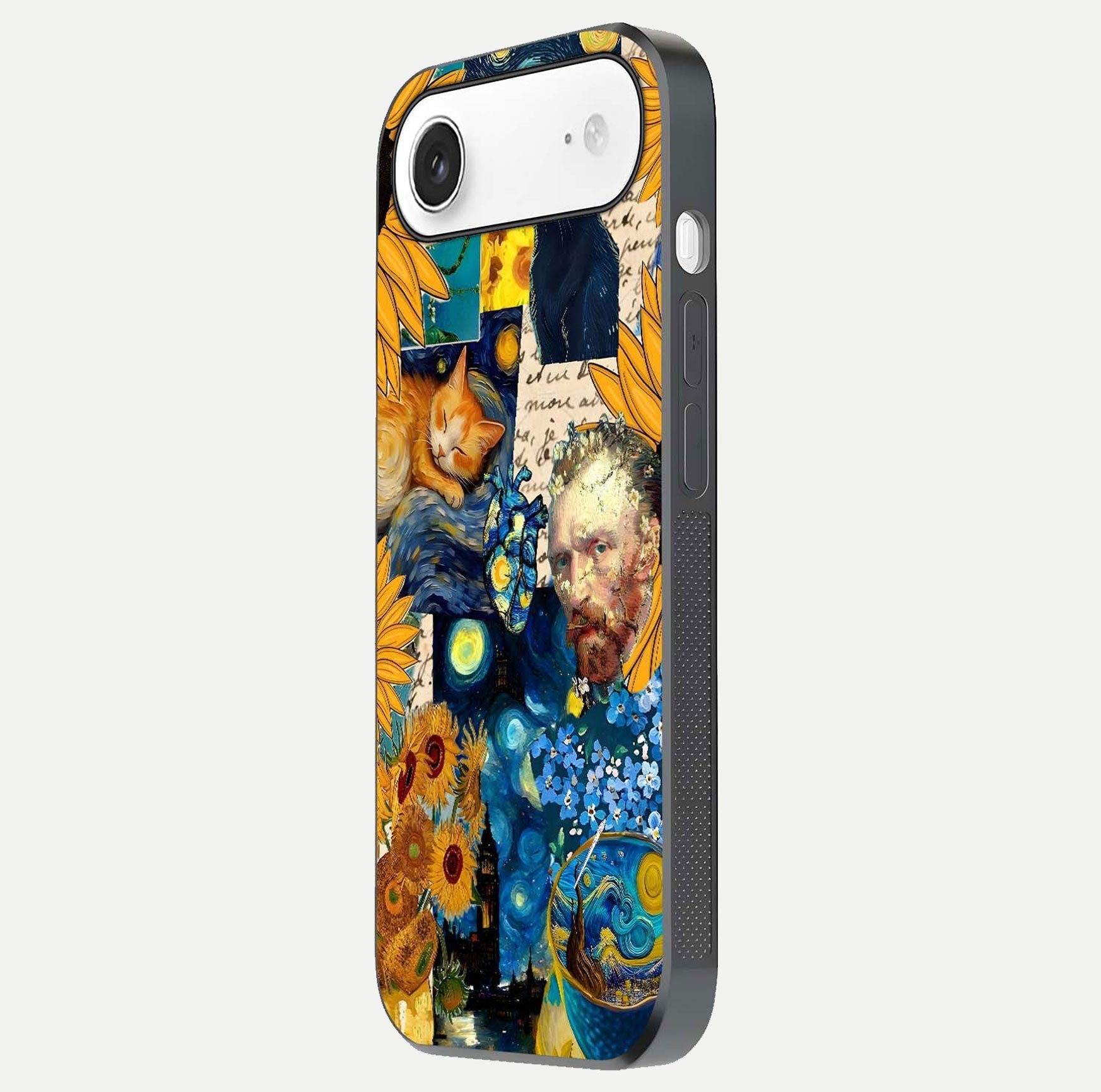 Sunflower Cat Art Glass Case for iPhone Air  side-angle image showing shine, edges, and sunflower texture