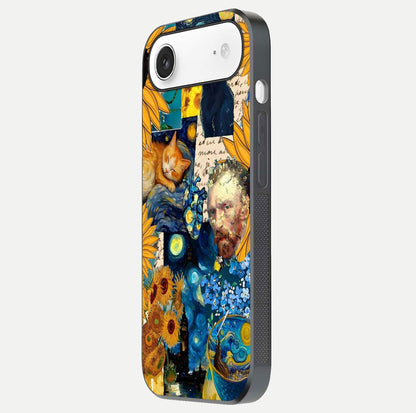 Sunflower Cat Art Glass Case for iPhone Air  side-angle image showing shine, edges, and sunflower texture