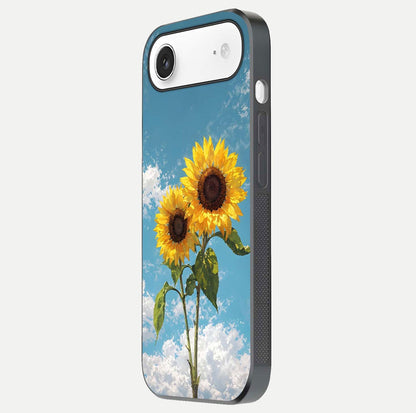 Sunflower Sky Bloom Glass Case for iPhone Air  side-angle image showing reflection, edges, and sunflower color