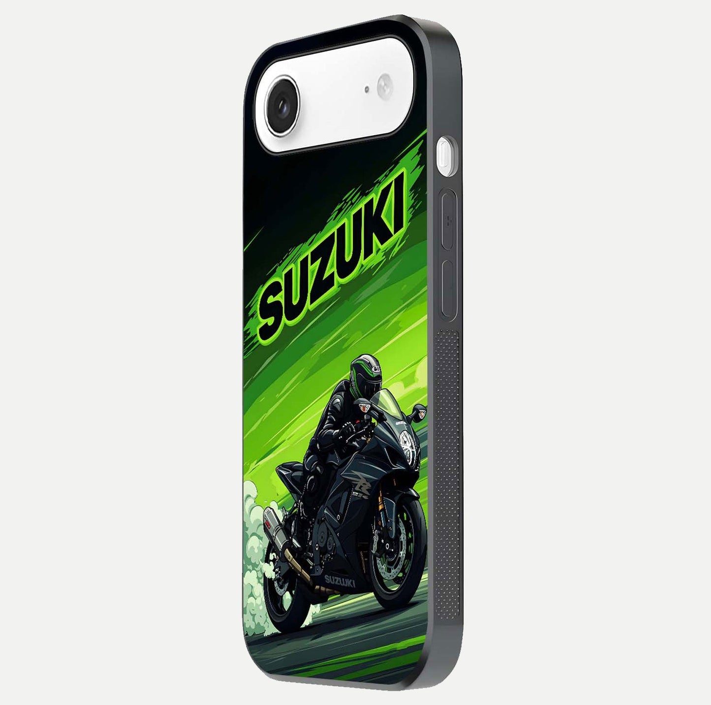 Suzuki Speed Beast Glass Case for iPhone Air  side-angle image showing reflection, gloss, and car detailing