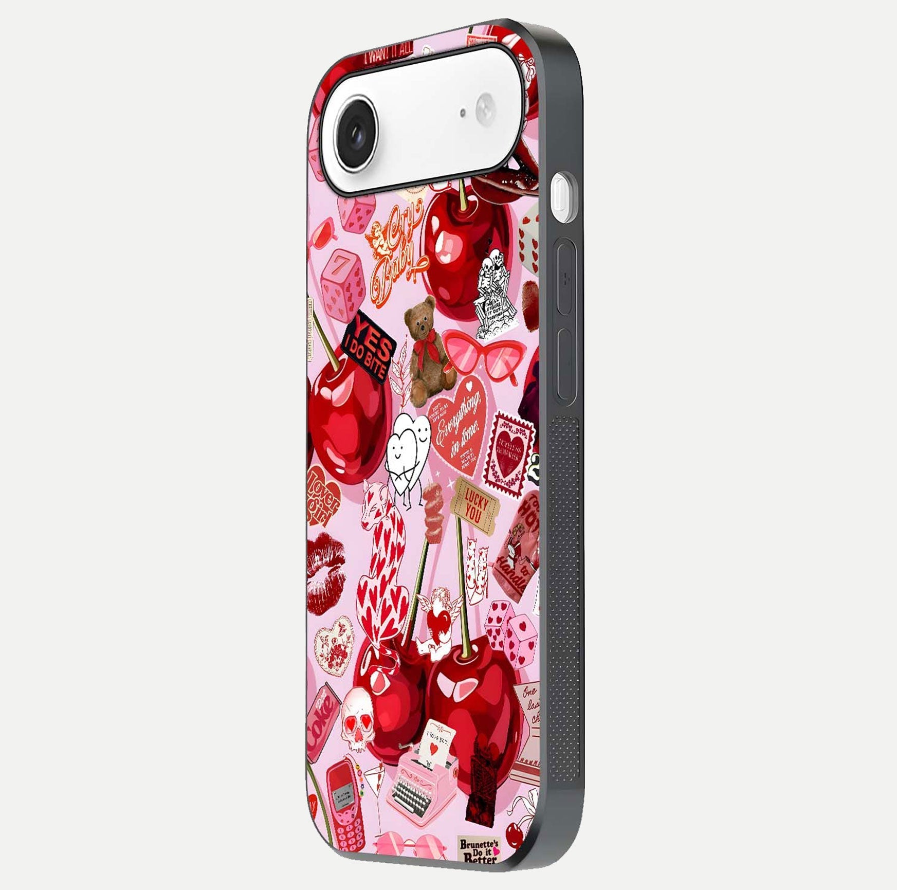 Sweet Cherry Chaos Glass Case for iPhone Air  side-angle image showing shine, gloss, and cherry details