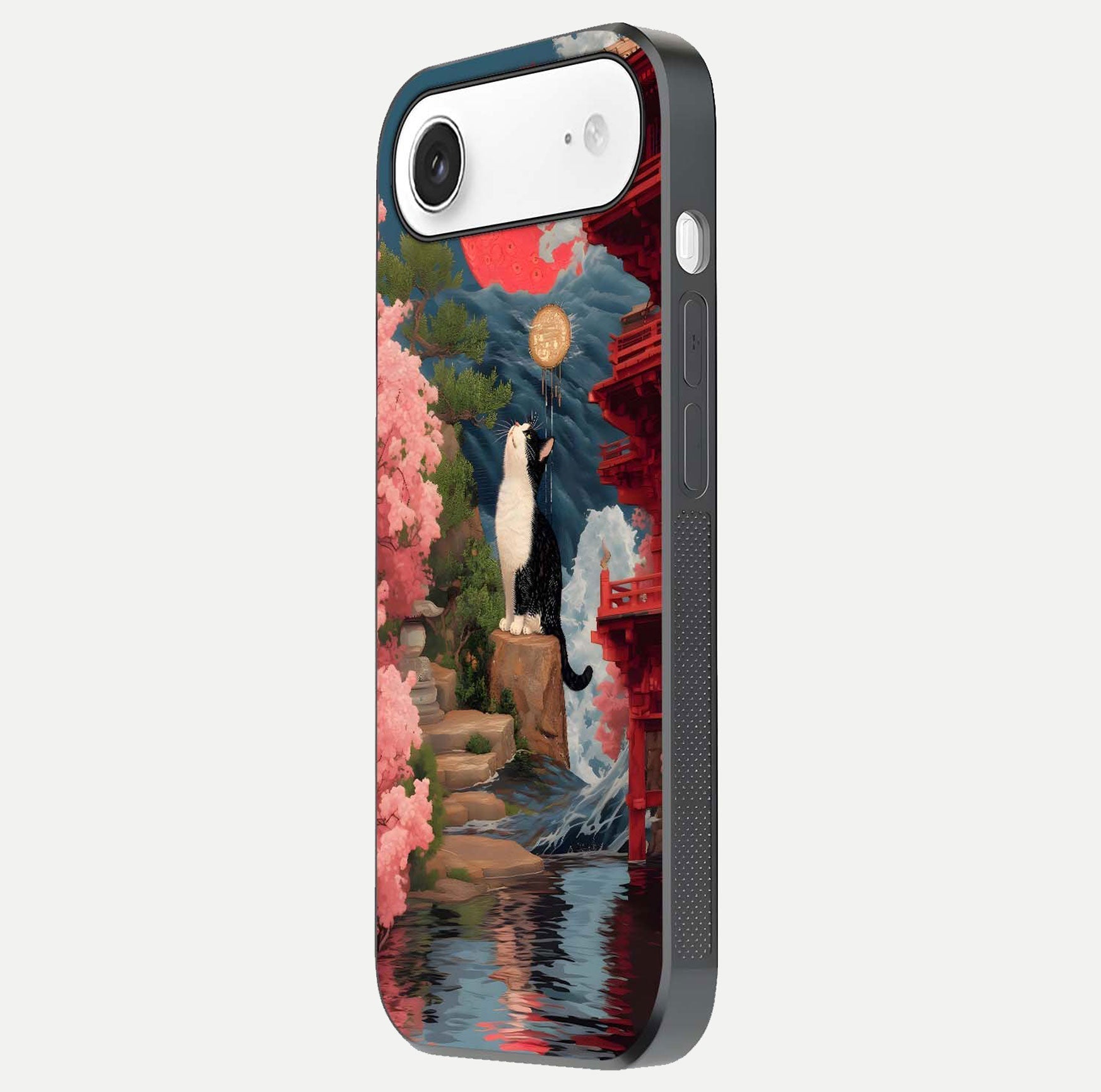 Temple Cat Scenery Glass Case for iPhone Air  side-angle image showing shine and printed temple pattern