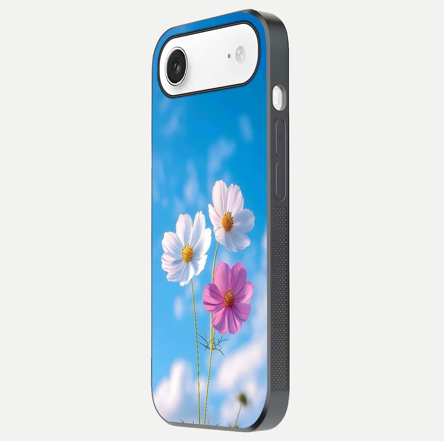 Triple Flowers With Sky Glass Case for iPhone Air  side-angle image showing gloss, texture, and floral design