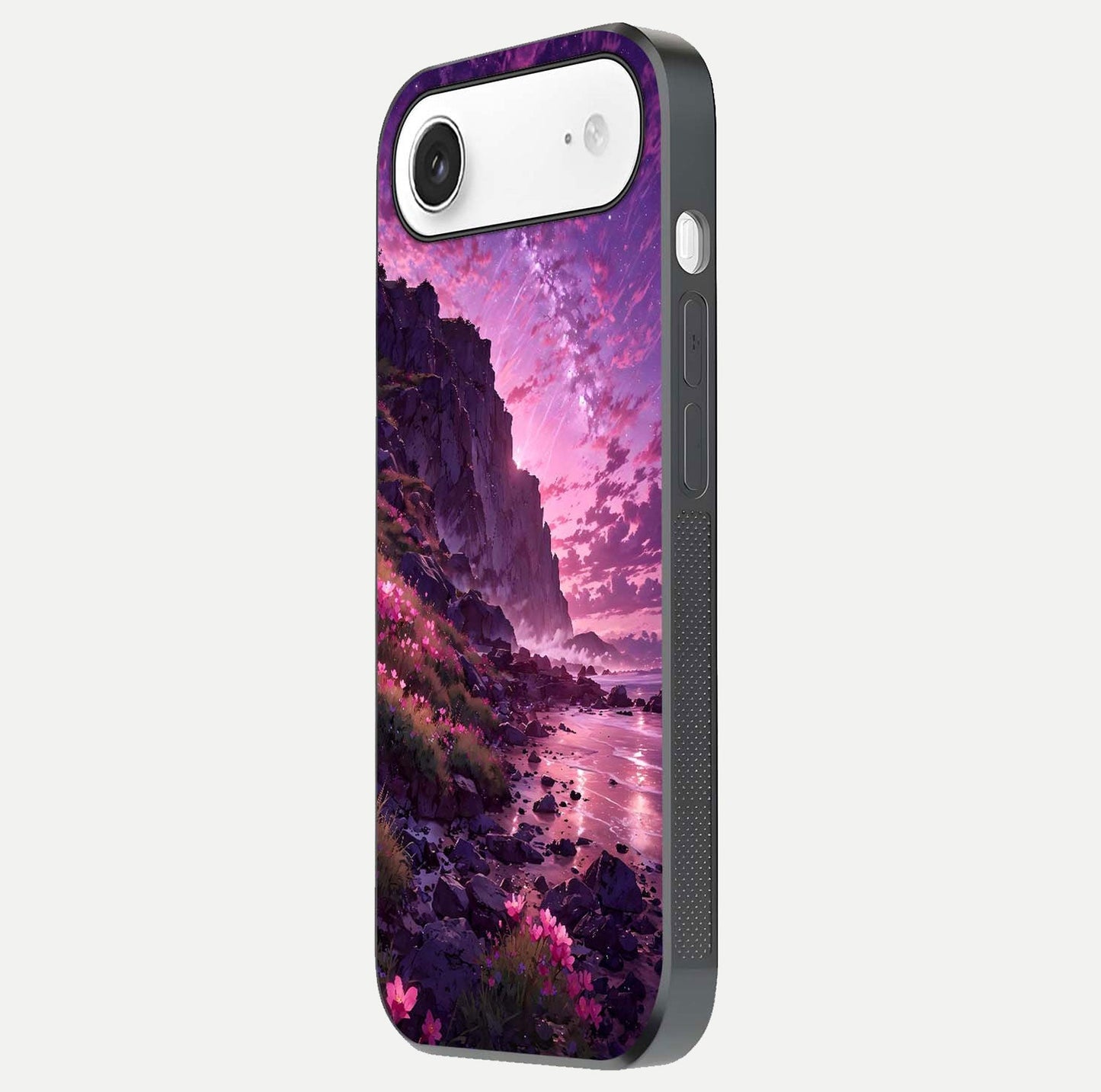 Twilight Blossom Coast Glass Case for iPhone Air  side-angle image showing shine, reflection, and petal tone