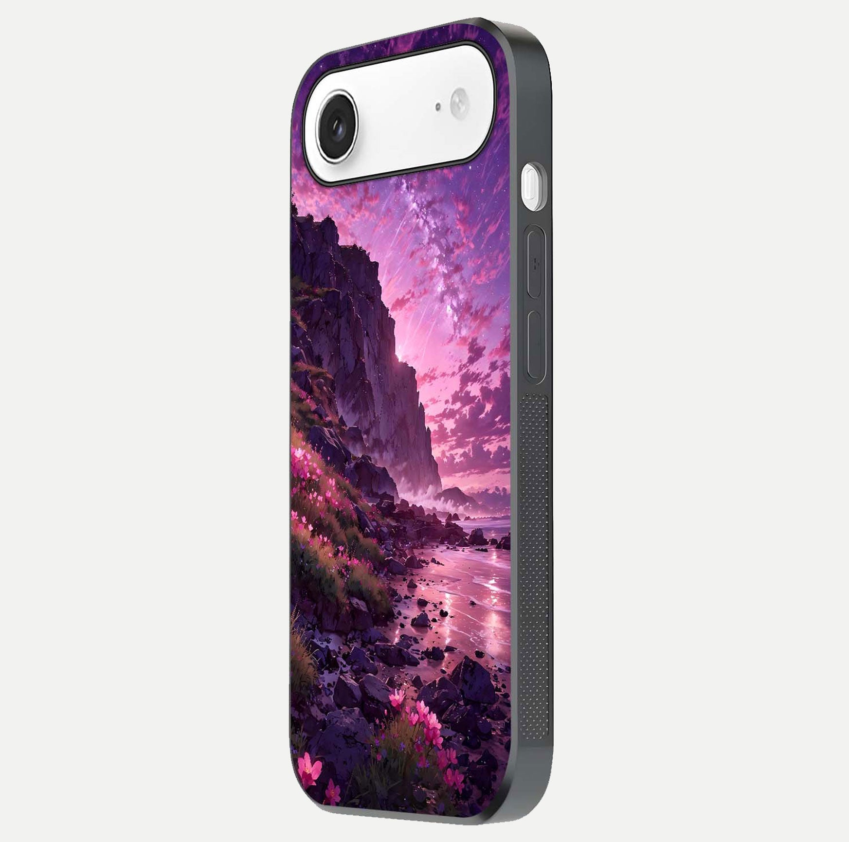 Twilight Blossom Coast Glass Case for iPhone Air  side-angle image showing shine, reflection, and petal tone