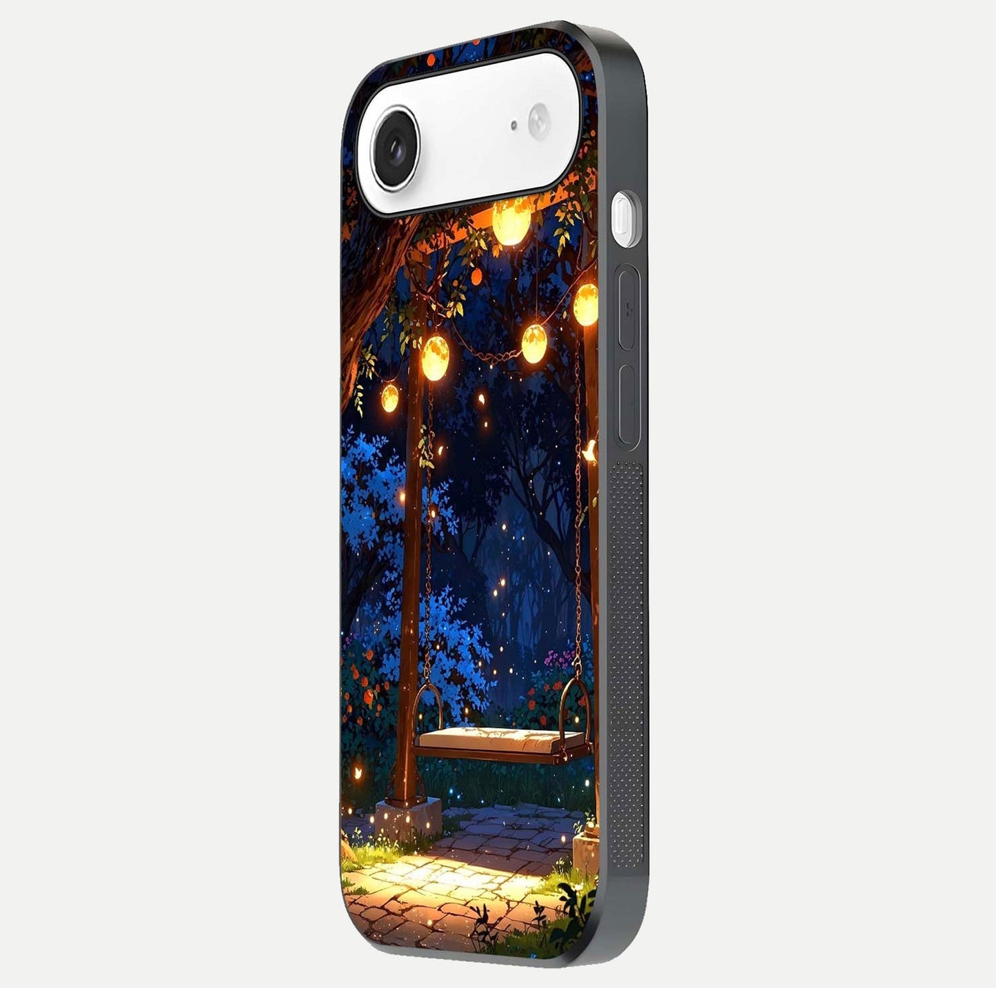 Twilight Garden Swing Glass Case for iPhone Air  side-angle image showing reflection, gloss, and scenic depth