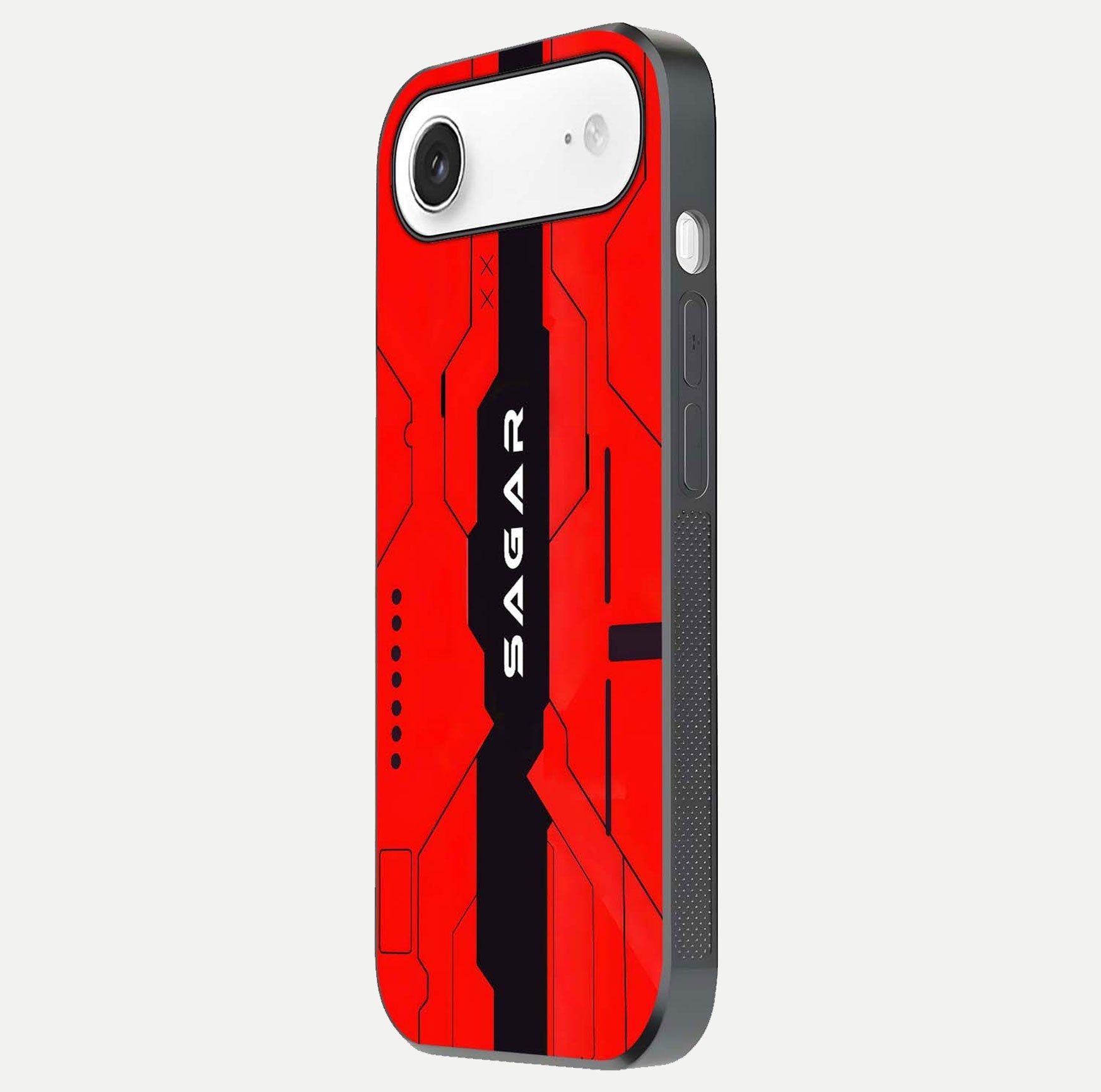 Voltage Rise CYBERPUNK Custom Name Glass Case for iPhone Air  side-angle image showing gloss and cyberpunk detail