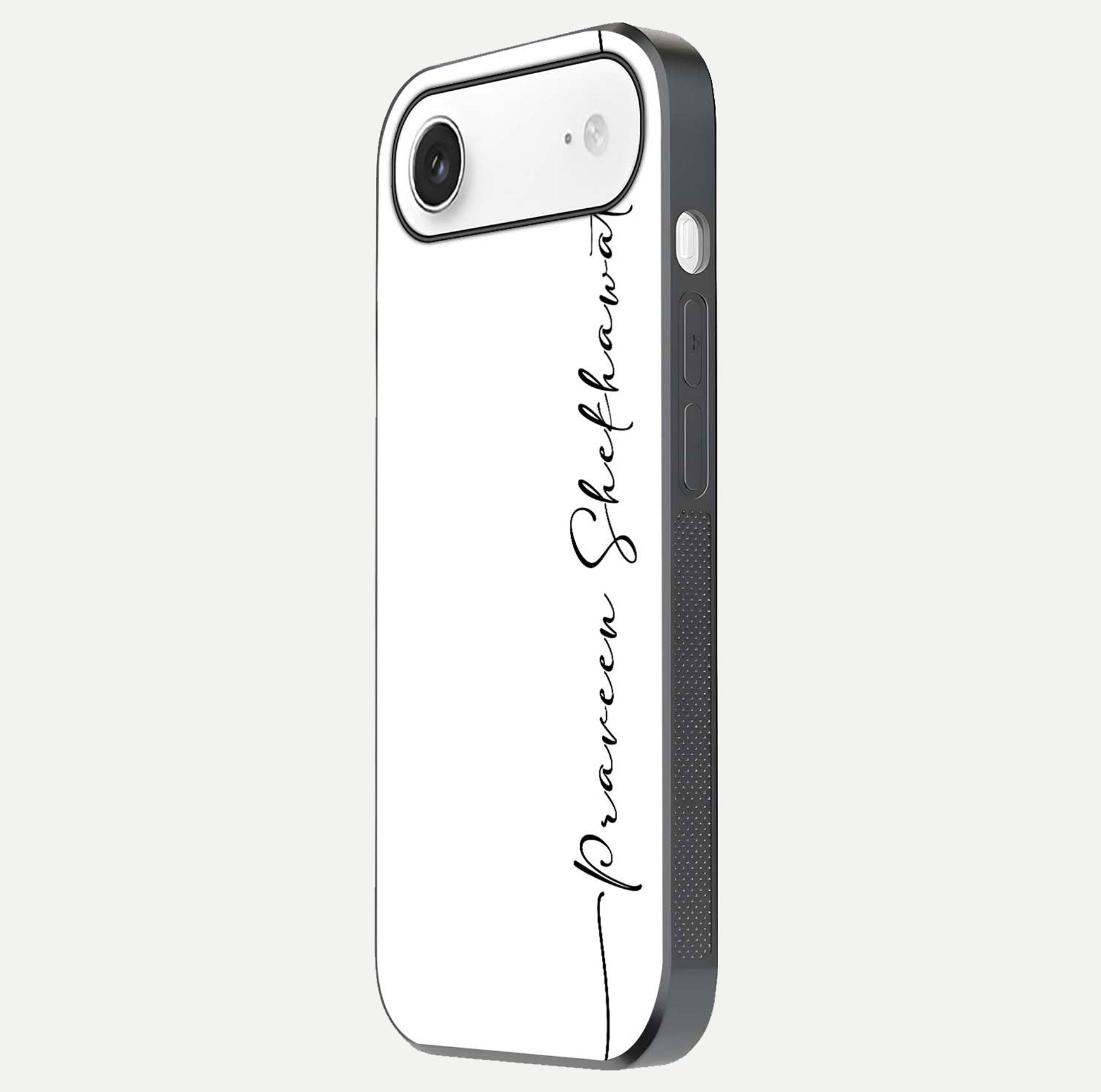 White Tune Custom Name Glass Case for iPhone Air  side-angle image showing shine, gloss, and minimal tone