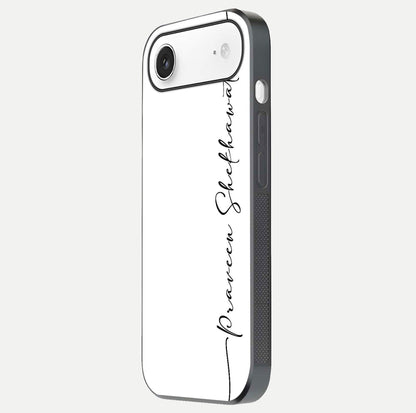 White Tune Custom Name Glass Case for iPhone Air  side-angle image showing shine, gloss, and minimal tone