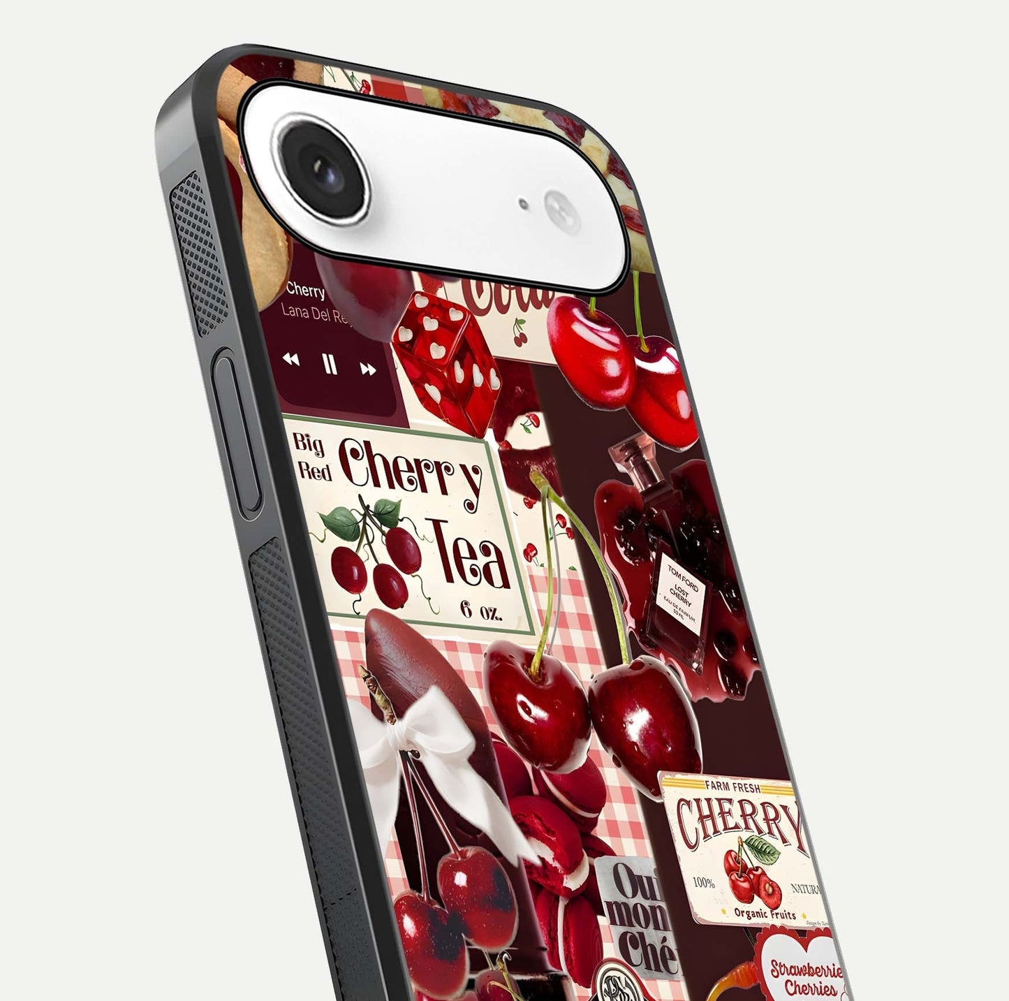 Aesthetic Cherry Tea Glass Case for iPhone Air  close-up angled shot showing detailed cherry artwork, red tones, and gloss reflection