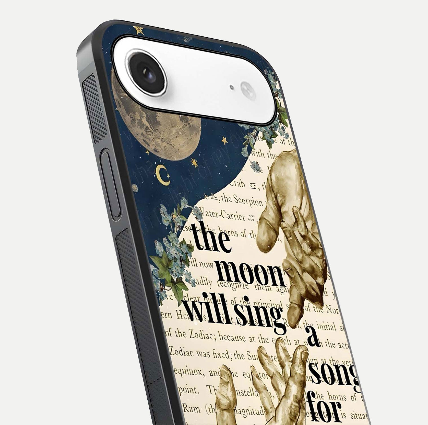 Aesthetic Divine Glass Case for iPhone Air  close-up angled shot showing detailed divine artwork and gloss reflection