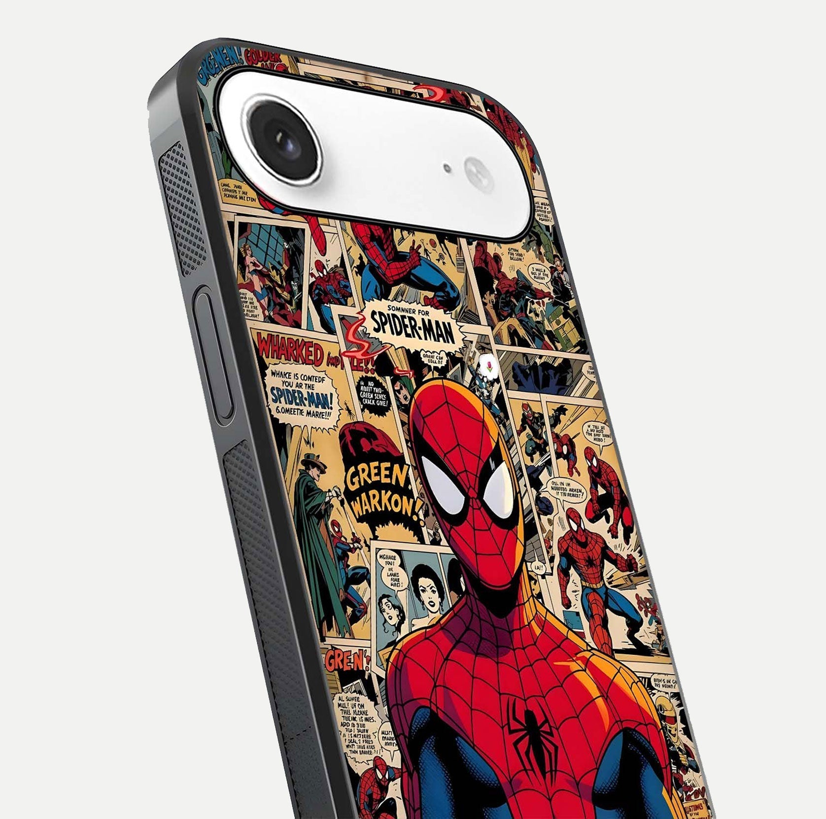 Aesthetic Spider Man Glass Case for iPhone Air  close-up angled shot showing detailed Spider-Man artwork and gloss reflection