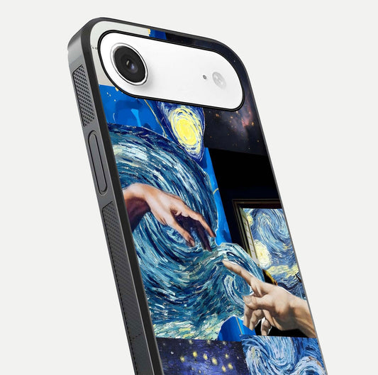 Aesthetic Vando Hands Glass Case for iPhone Air  close-up angle showing fine detailing of hand artwork and glass reflection