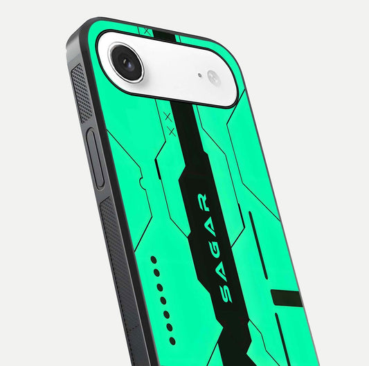 Aqua Tech CYBERPUNK Custom Name Glass Case for iPhone Air  close-up angle showing futuristic blue lights and reflections