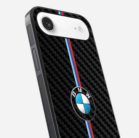 BMW Pattern Glass Case for iPhone Air  close-up angle showing BMW logo detailing and high-reflect gloss texture