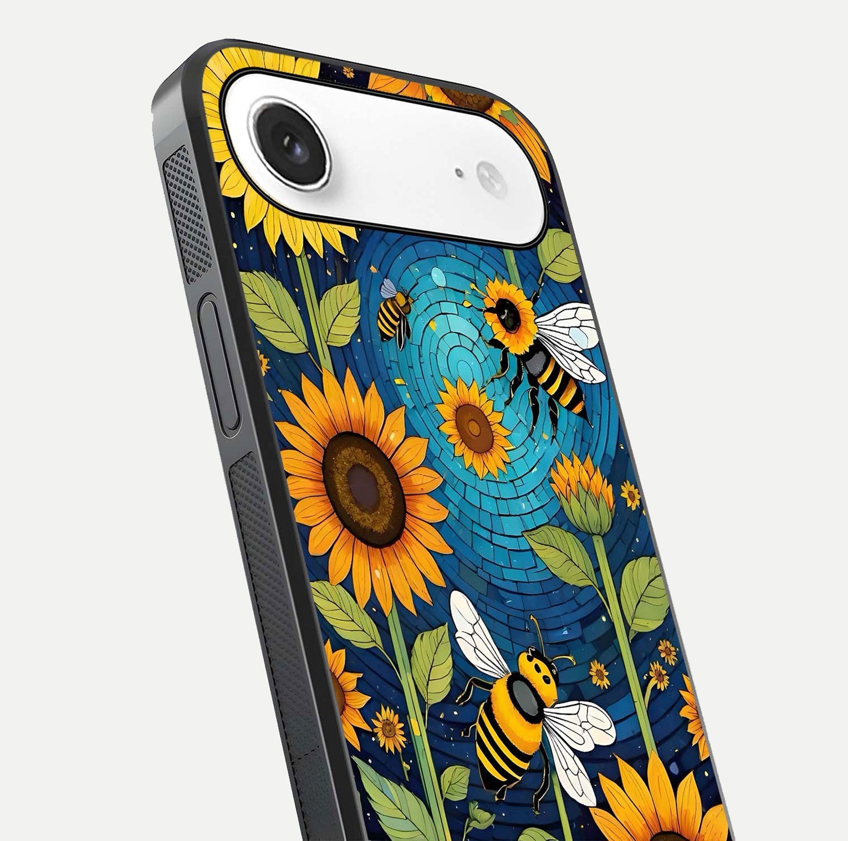 Bees & Sunflowers Glass Case for iPhone Air  close-up angled shot showing detailed petals, bee prints, and glass reflection