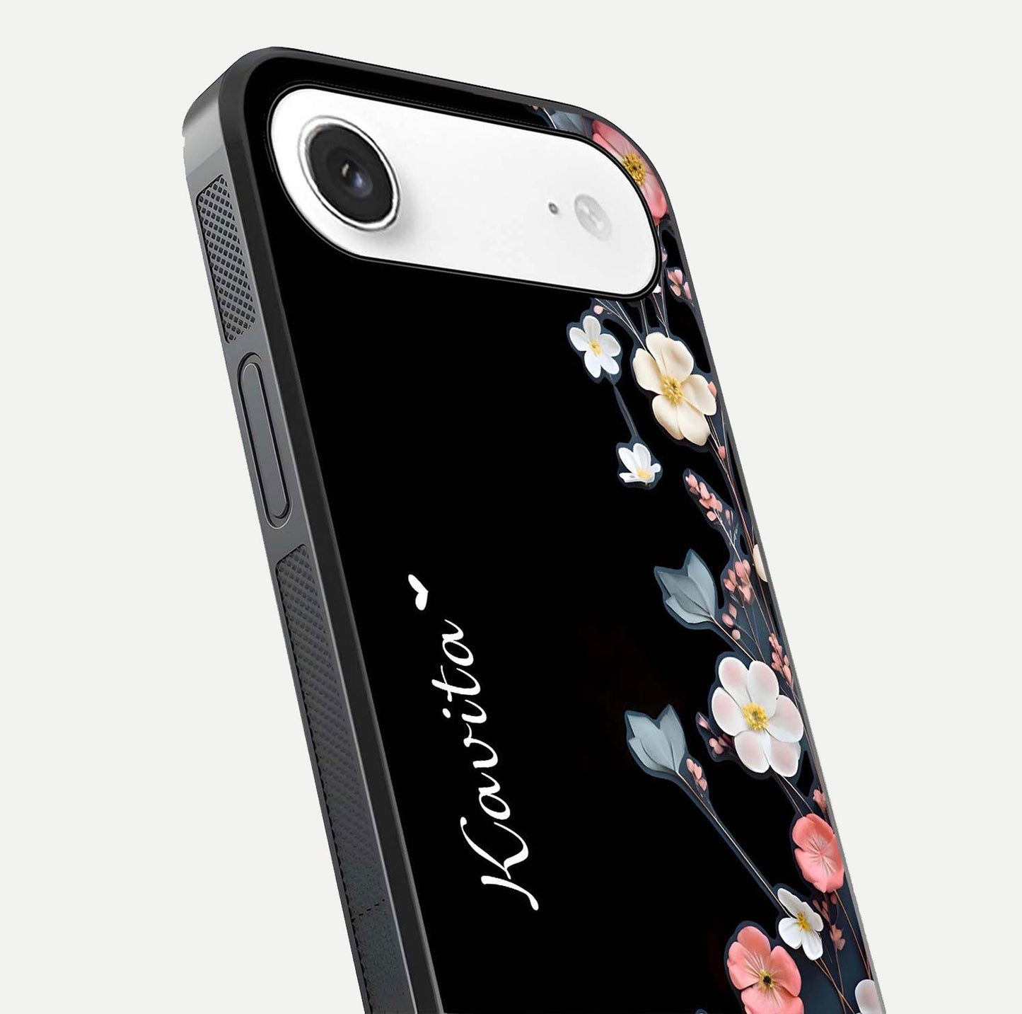 Black Elegance Floral Custom Name Glass Case for iPhone Air  close-up shot showing rose detailing and elegant reflection