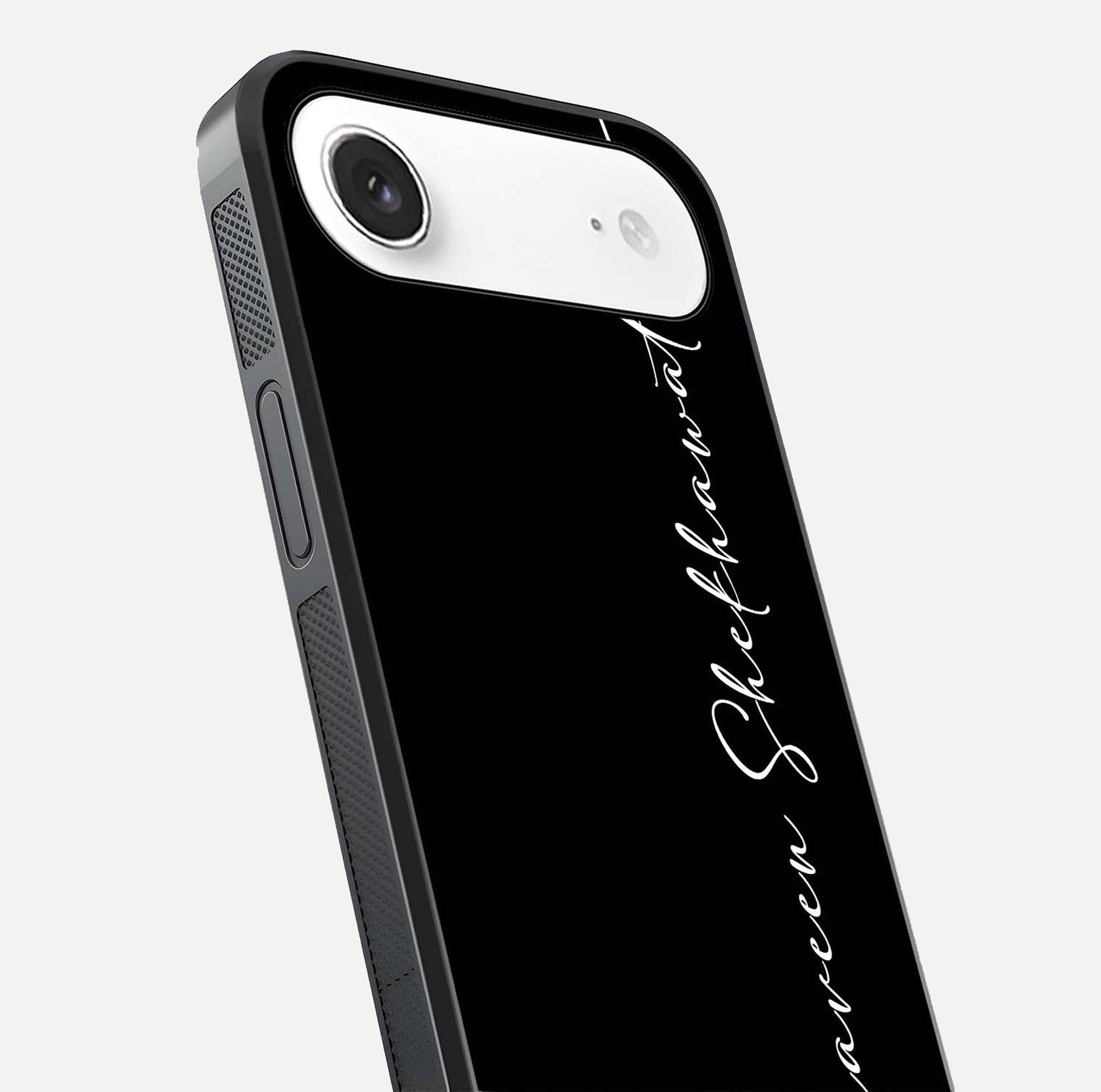 Black Tune Custom Name Glass Case for iPhone Air  close-up shot highlighting sleek monochrome design and reflection