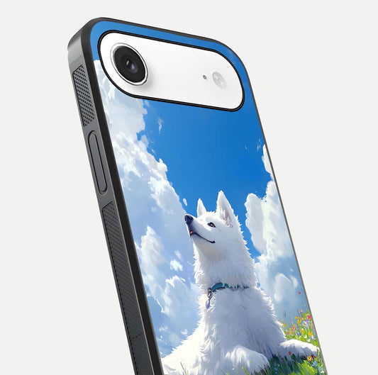 Blissful Cloud Pup Glass Case for iPhone Air  close-up image highlighting puppy details and glossy reflection