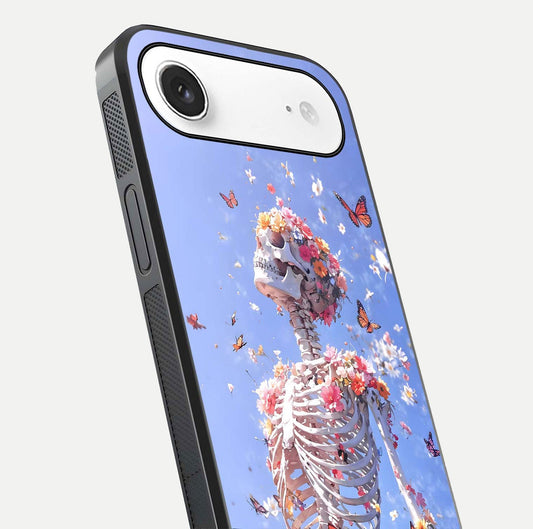 Bloom Beyond Bones Glass Case for iPhone Air  close-up highlighting unique bone-floral fusion art and reflection