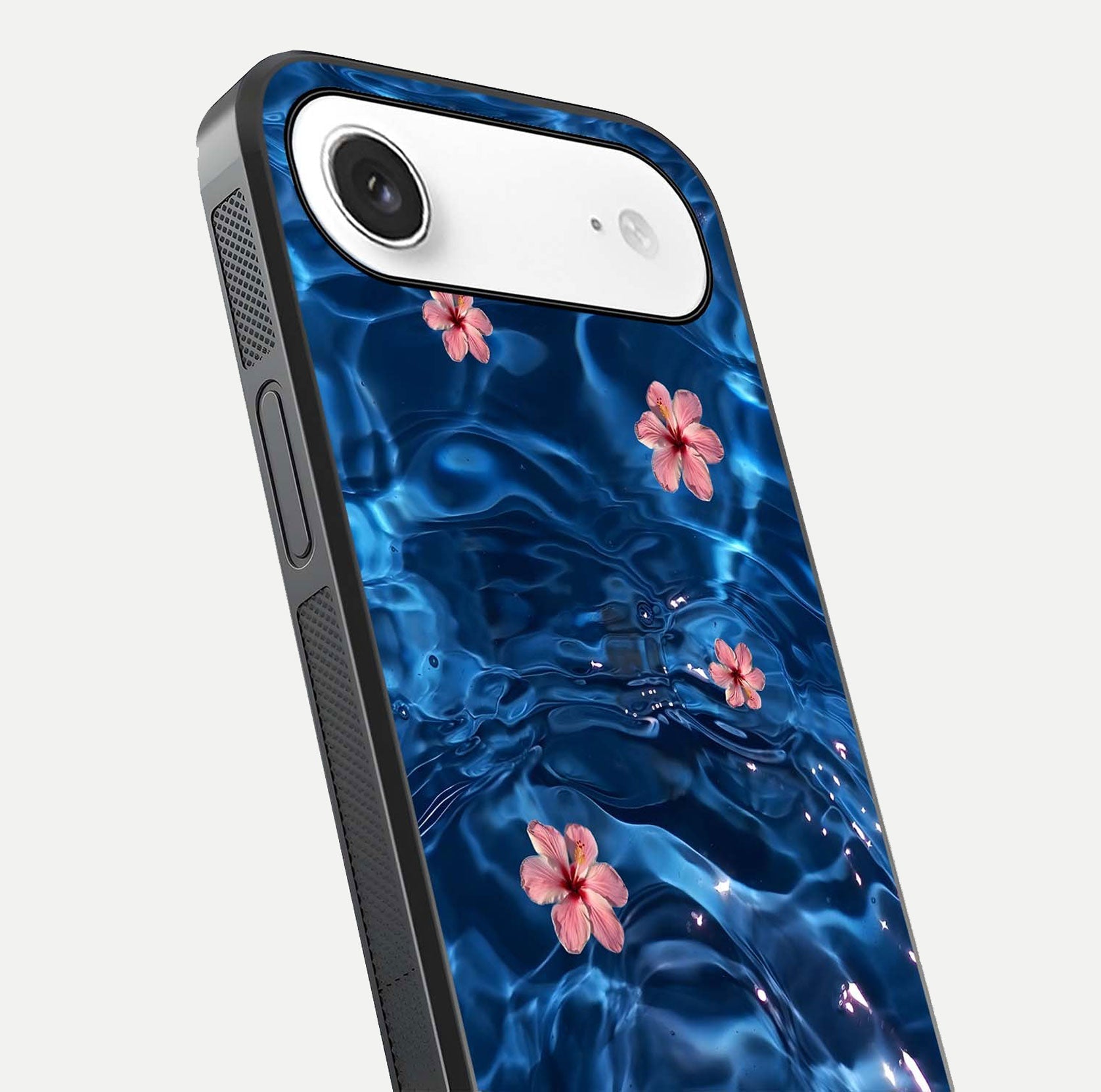 Blooming Water Drift Glass Case for iPhone Air  close-up angle showing petal details, soft aqua tones, and smooth gloss reflection