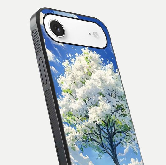 Blossom Sky Serenity Glass Case for iPhone Air  close-up highlighting calming flower details and reflection gloss
