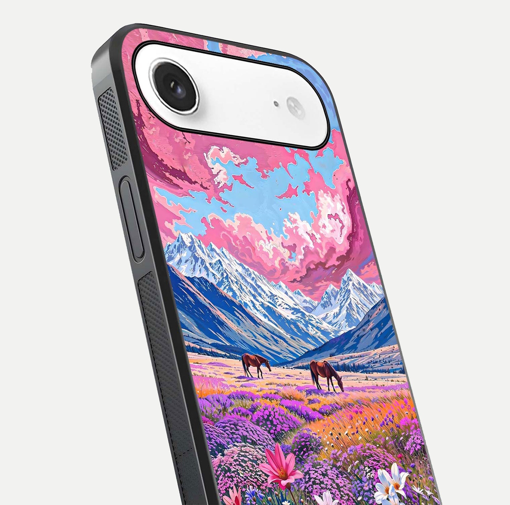 Blossom Valley Dream Glass Case for iPhone Air  close-up view showing detailed flower print and pastel hues