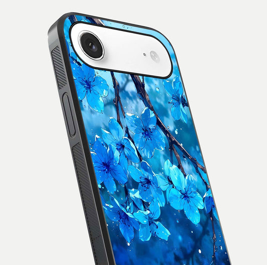 Blue Blossoms Branch Glass Case for iPhone Air  close-up angle highlighting petal details and reflection gloss
