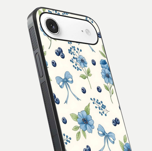 Blue Flower & Bow Glass Case for iPhone Air  close-up shot highlighting ribbon detail and flower gloss finish