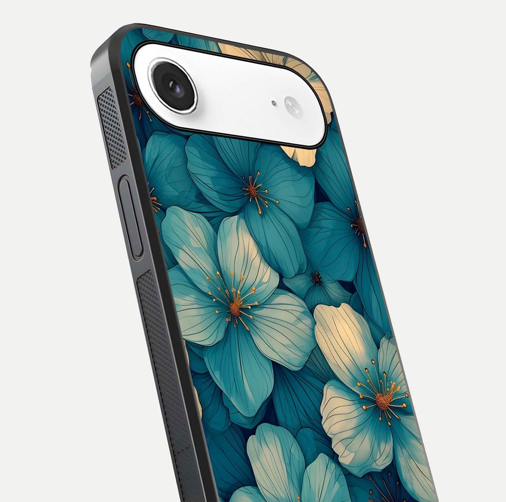 Blue Shade Floral Glass Case for iPhone Air  close-up angle showing flower print precision and reflection