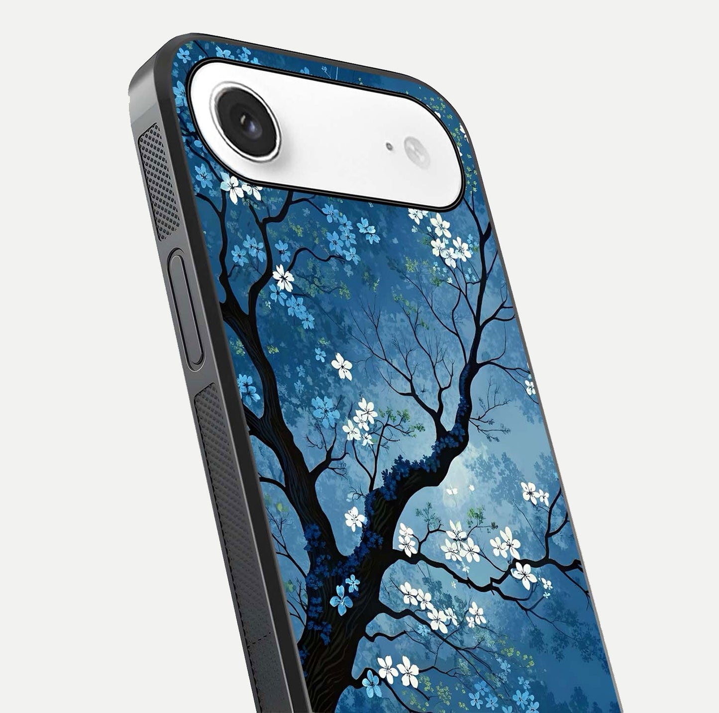 Blue Tree Serenity Glass Case for iPhone Air  close-up view highlighting tree branches and reflection gloss