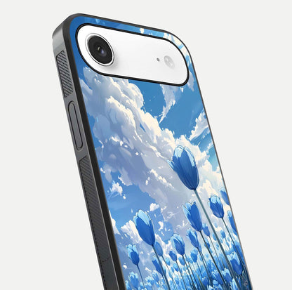 Blue Tulip Clouds Glass Case for iPhone Air  close-up image highlighting tulip petals, clouds, and reflection texture