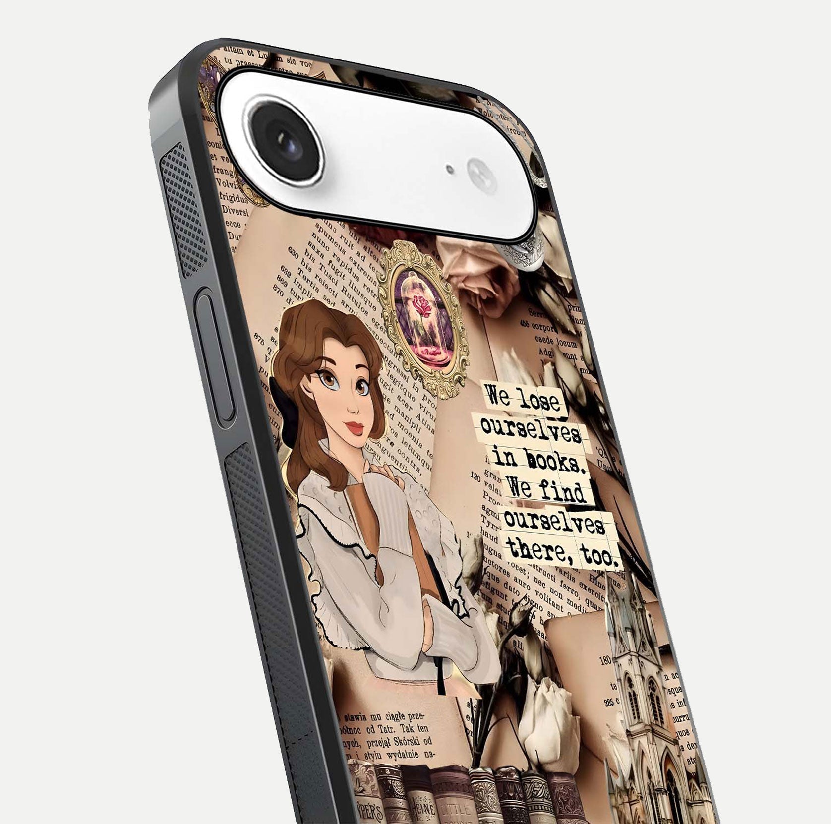 Bookish Dream World Glass Case for iPhone Air  close-up shot highlighting book elements and reflection gloss