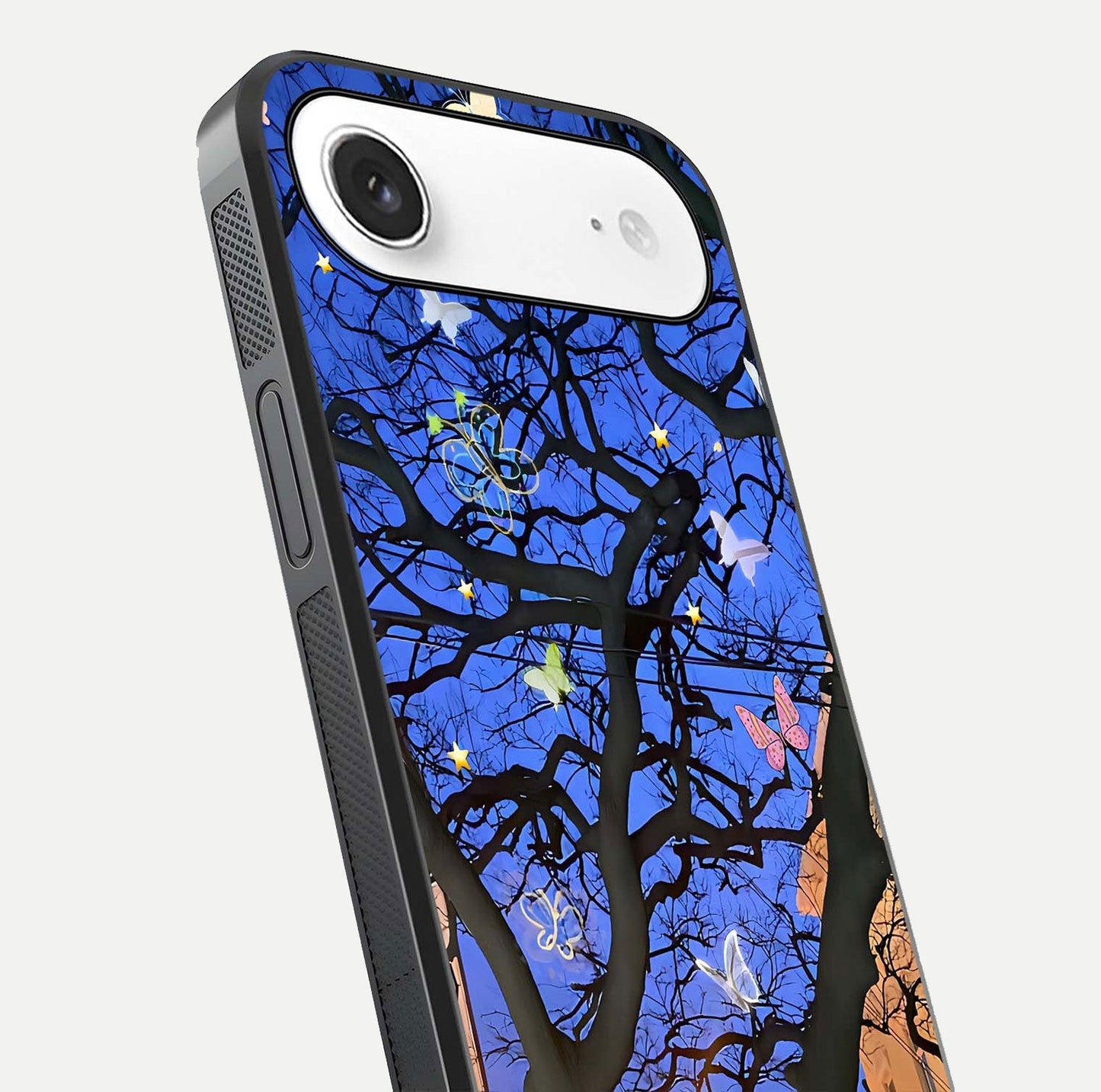 Butterfly Night Magic Glass Case for iPhone Air  close-up highlighting wings reflection and gloss shimmer
