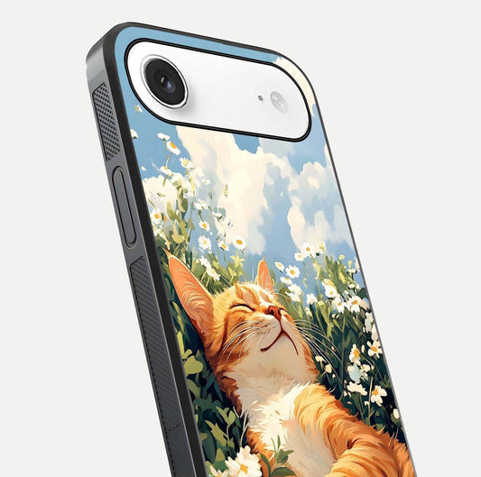 Cat & Flowers View Glass Case for iPhone Air  close-up view highlighting cat expression and petal detail