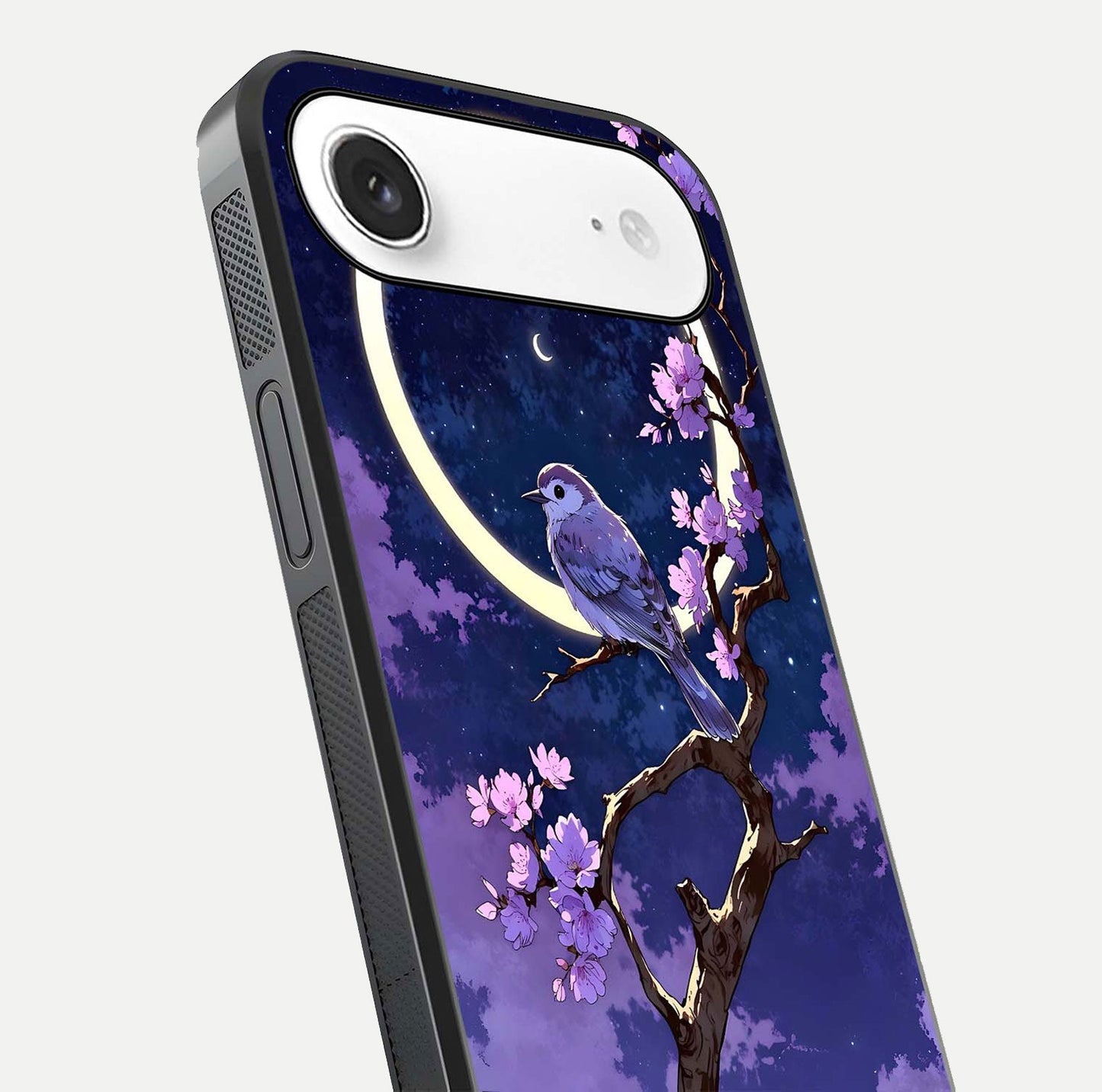 Celestial Bird Blossom Glass Case for iPhone Air  close-up capturing bird detail, petal reflection, and gloss shine