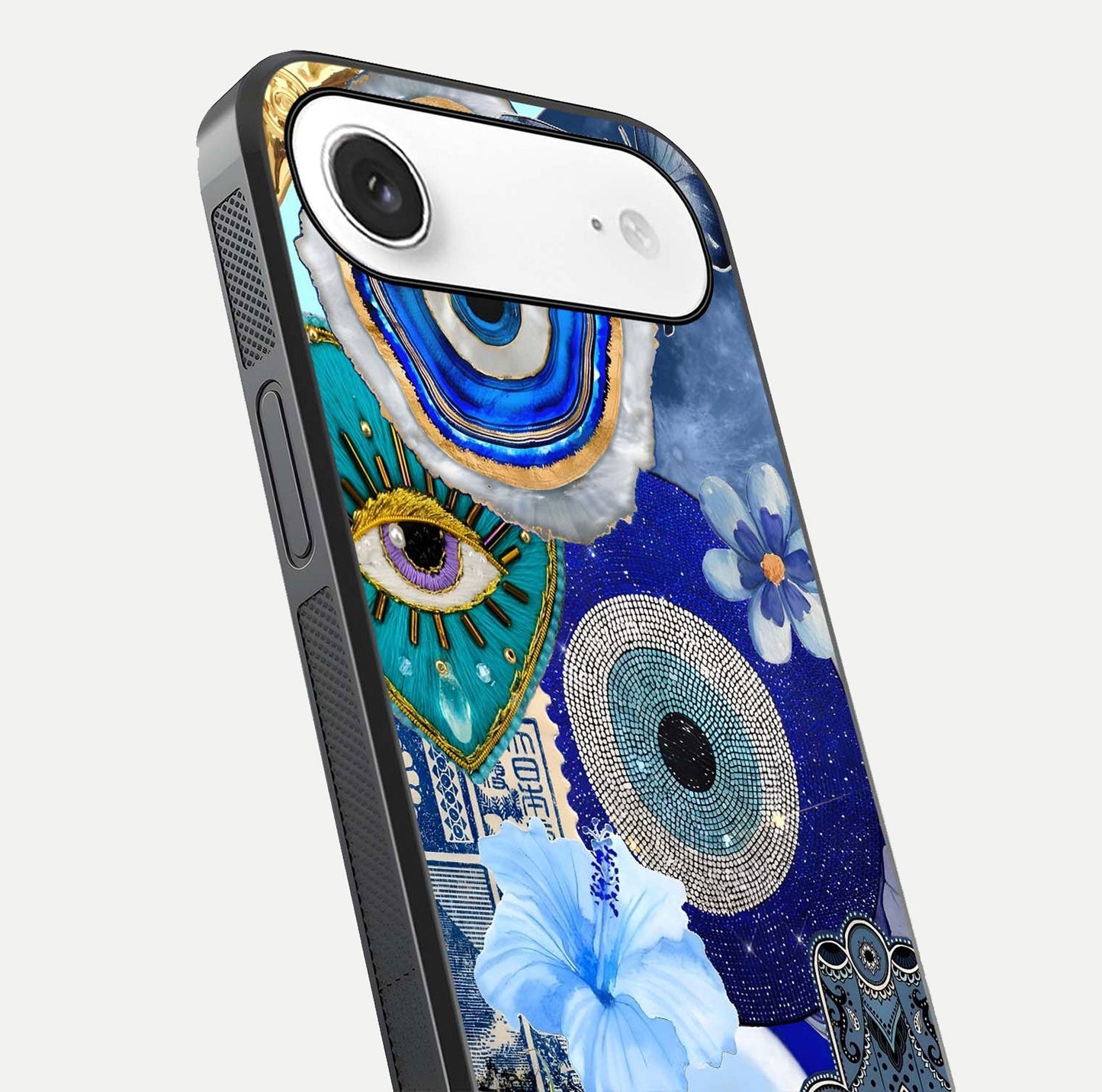 Celestial Blue Vision Glass Case for iPhone Air  close-up shot highlighting reflection details and smooth edge polish