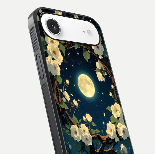 Celestial Moon & Flower Glass Case for iPhone Air  close-up capturing petal reflection and moonlight contrast