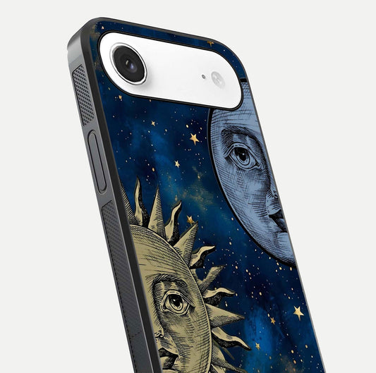 Celestial Moon With Sun Glass Case for iPhone Air  close-up highlighting fine celestial detail and polish reflection