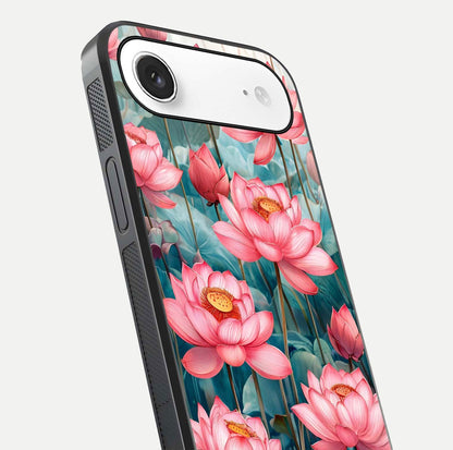 Celestial Pink Lotus Glass Case for iPhone Air  close-up highlighting petal detail and HD glass reflection