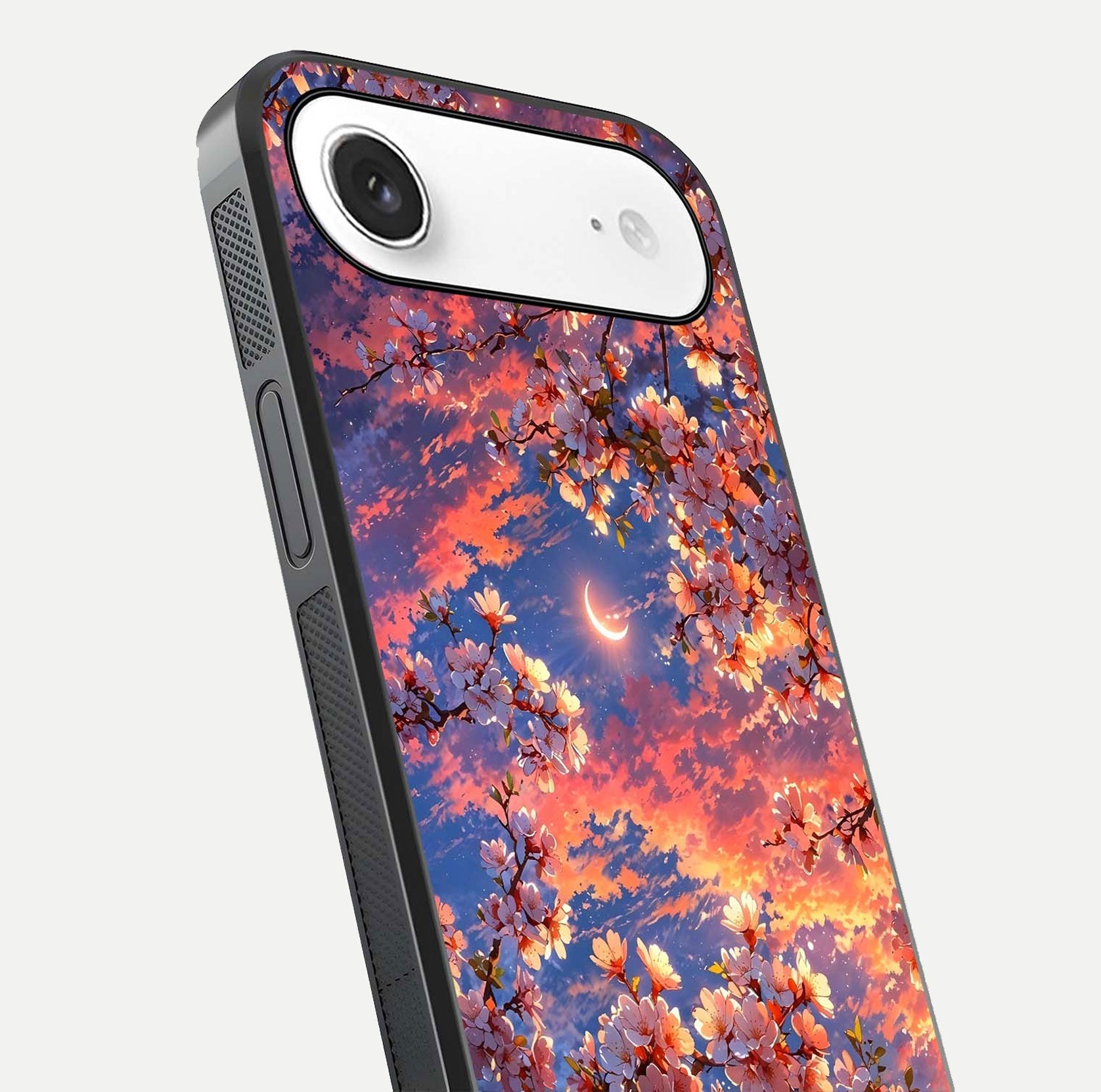 Celestial Sakura Sunset Glass Case for iPhone Air  close-up image highlighting blossom petals and gloss shine