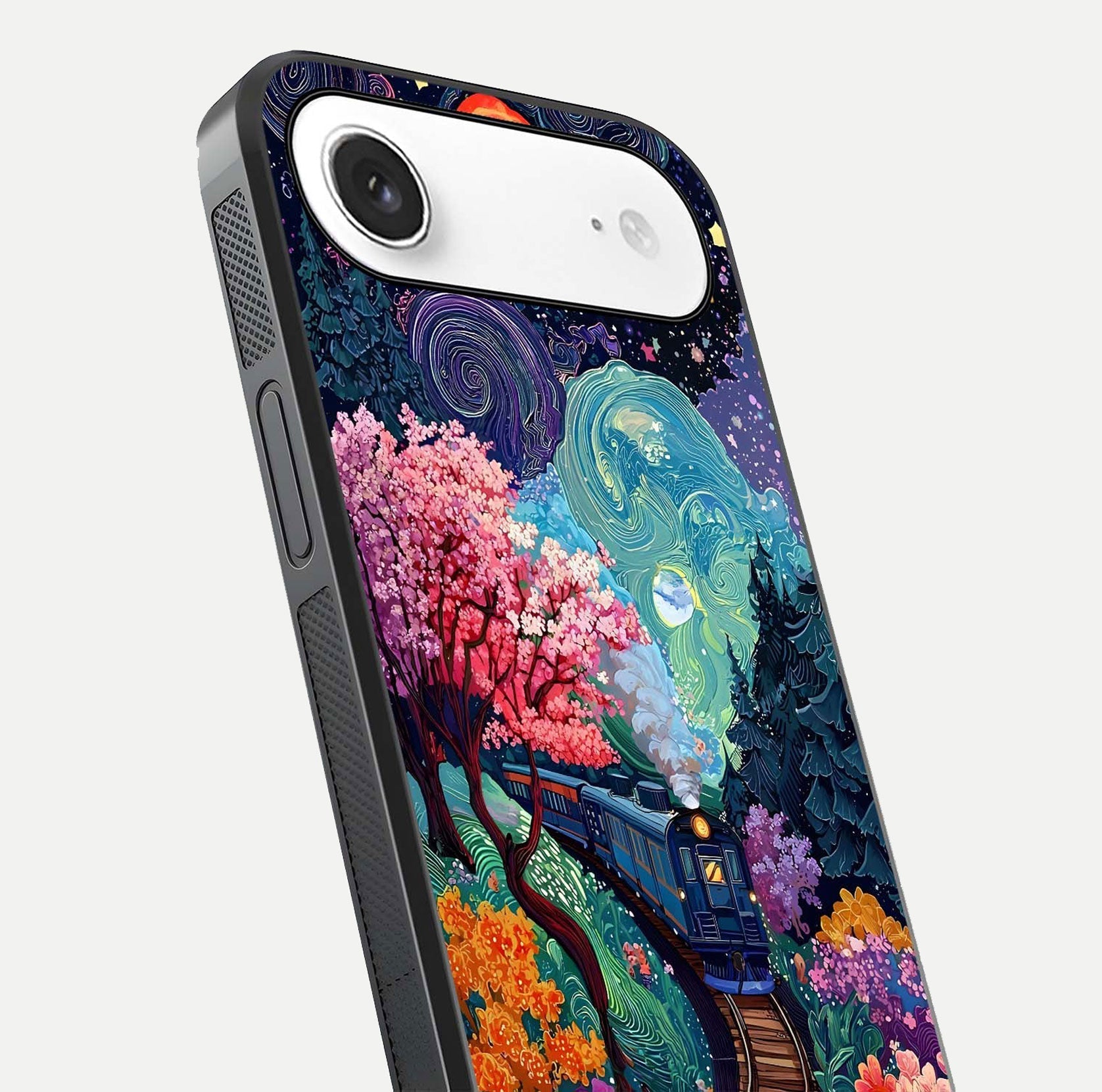 Celestial Train Journey Glass Case for iPhone Air  close-up highlighting train lights, cosmic tones, and reflection detail