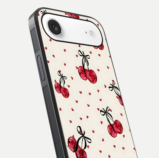 Cherry Heart Bow Glass Case for iPhone Air  close-up highlighting small bows, cherry red tones, and gloss shine