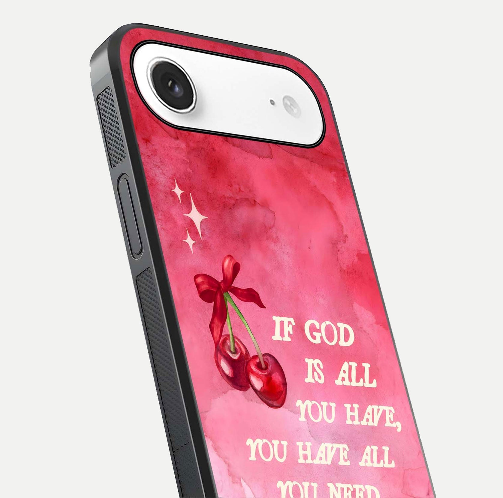 Cherry Quote Glass Case for iPhone Air  close-up showing printed quote detail and HD reflection gloss