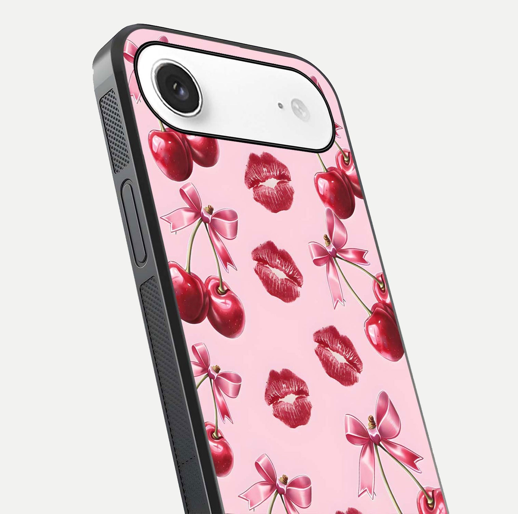 Cherry With Lips Glass Case for iPhone Air  close-up view highlighting lips texture and reflection shine